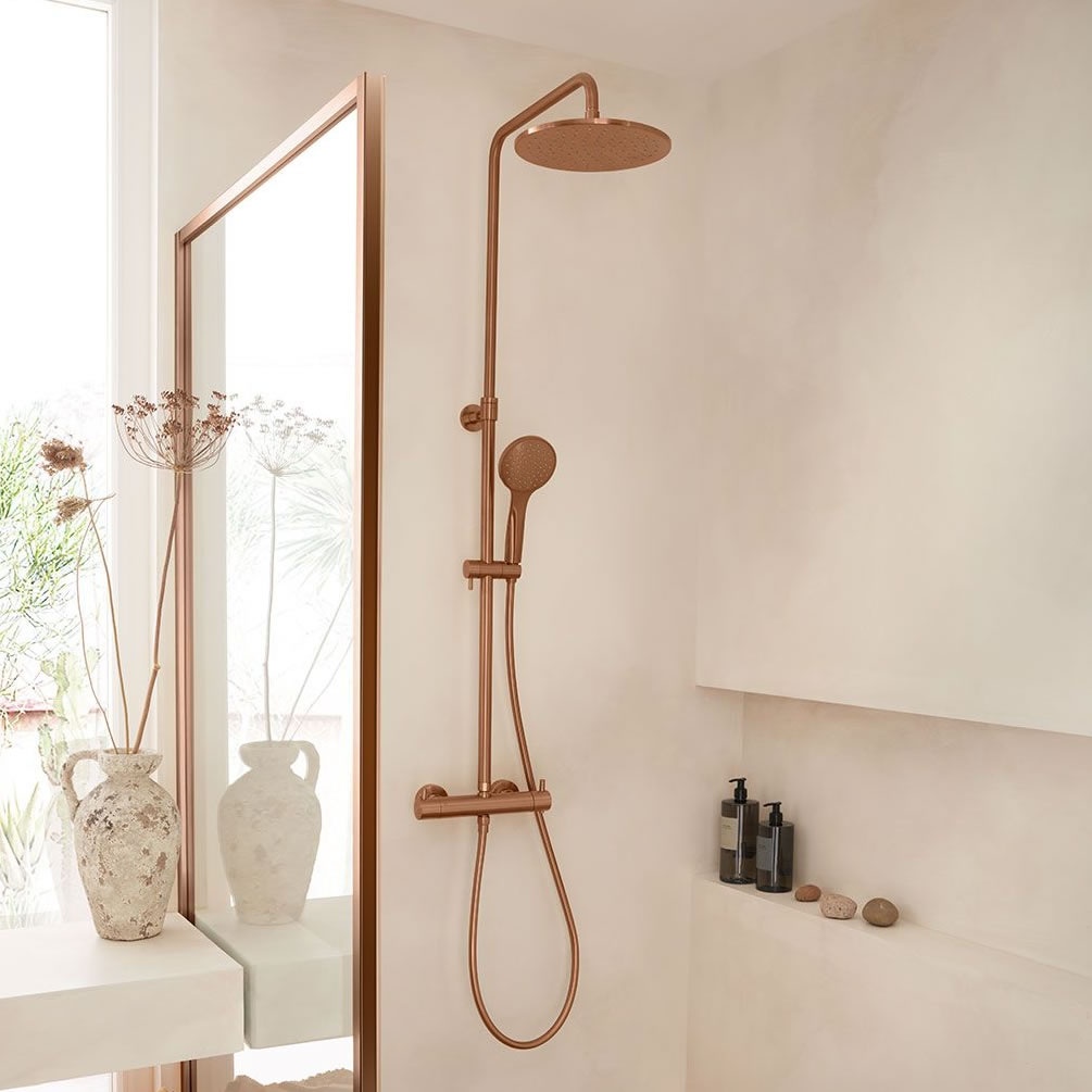 Lifestyle image of Vado Individual Brushed Bronze Thermostatic Shower Column